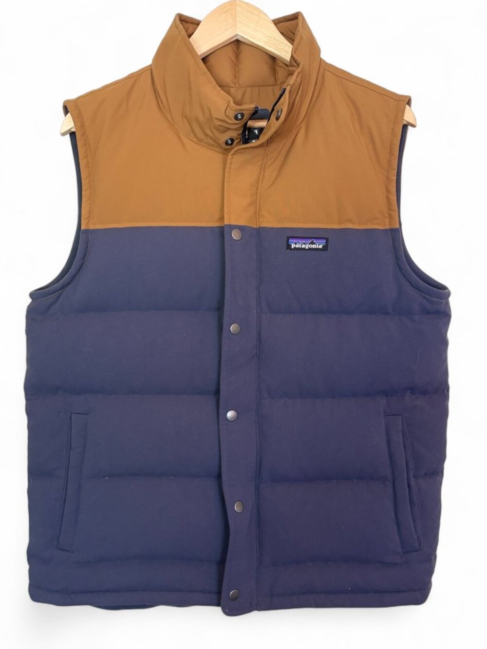 Patagonia Men’s Medium Down Puffer Vest Navy Brown Snap Front Outdoor Gorpcore